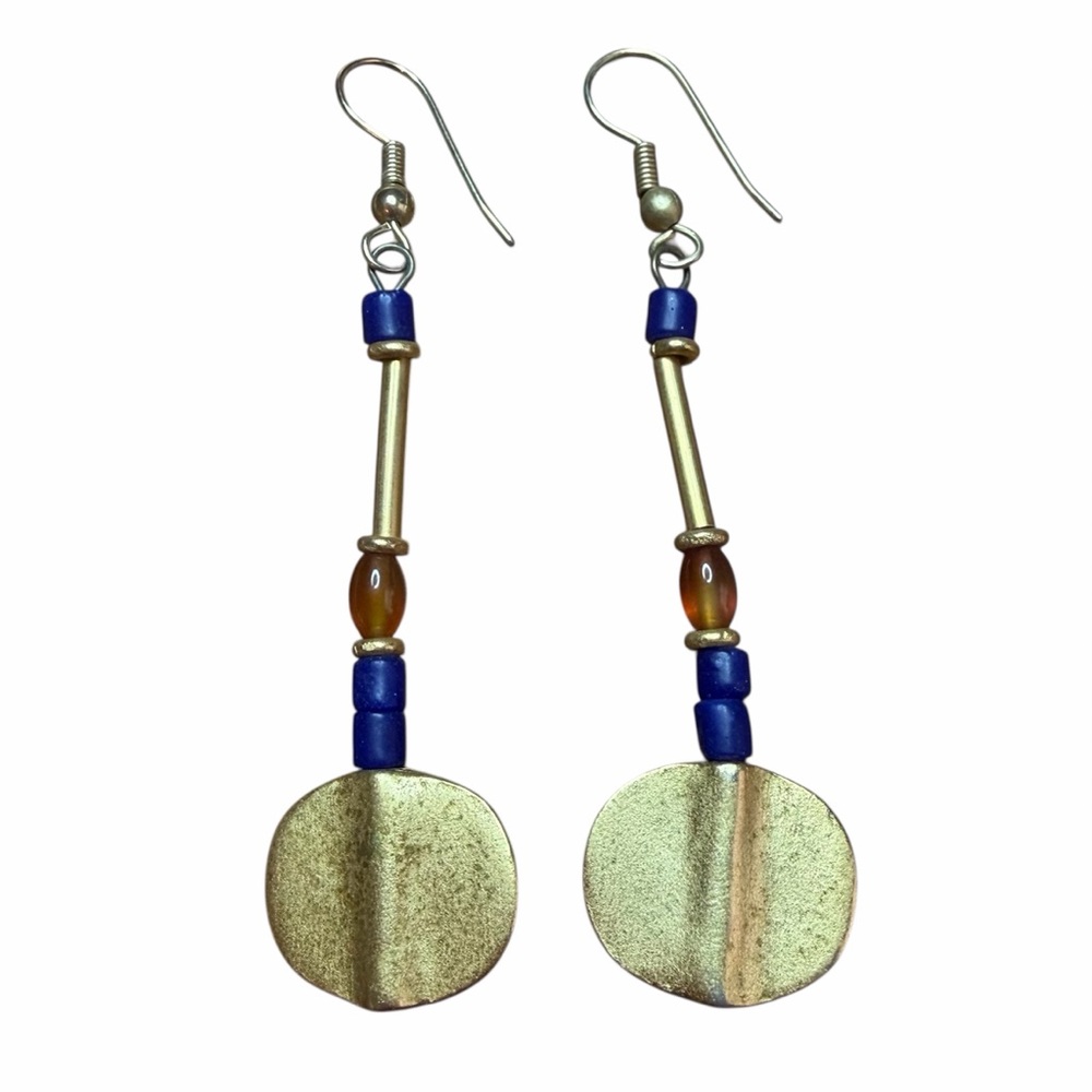 Elegant Brushed Gold and Blue 2 3/4" Dangle Fish Hook Pierced Earrings - EUC!!!